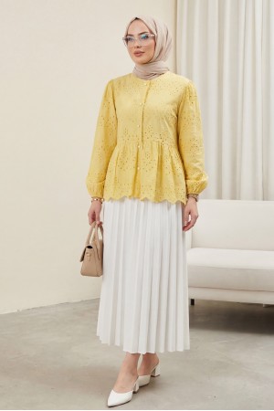 Kolu Lastikli Ajurlu Düğmeli Astarlı Gömlek  -Sarı