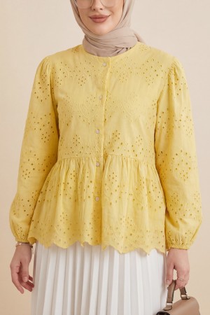 Kolu Lastikli Ajurlu Düğmeli Astarlı Gömlek  -Sarı
