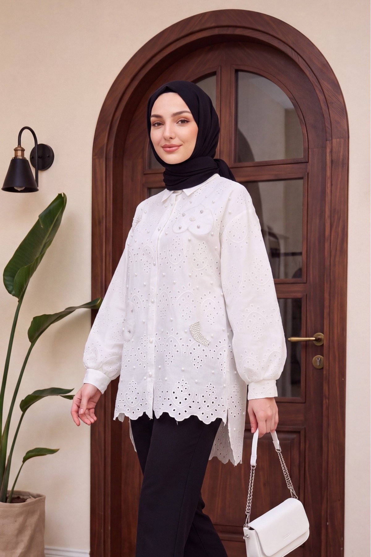 Organza Tulle Detailed, Pearl Buttoned, Long Back Ruffled Tunic -White