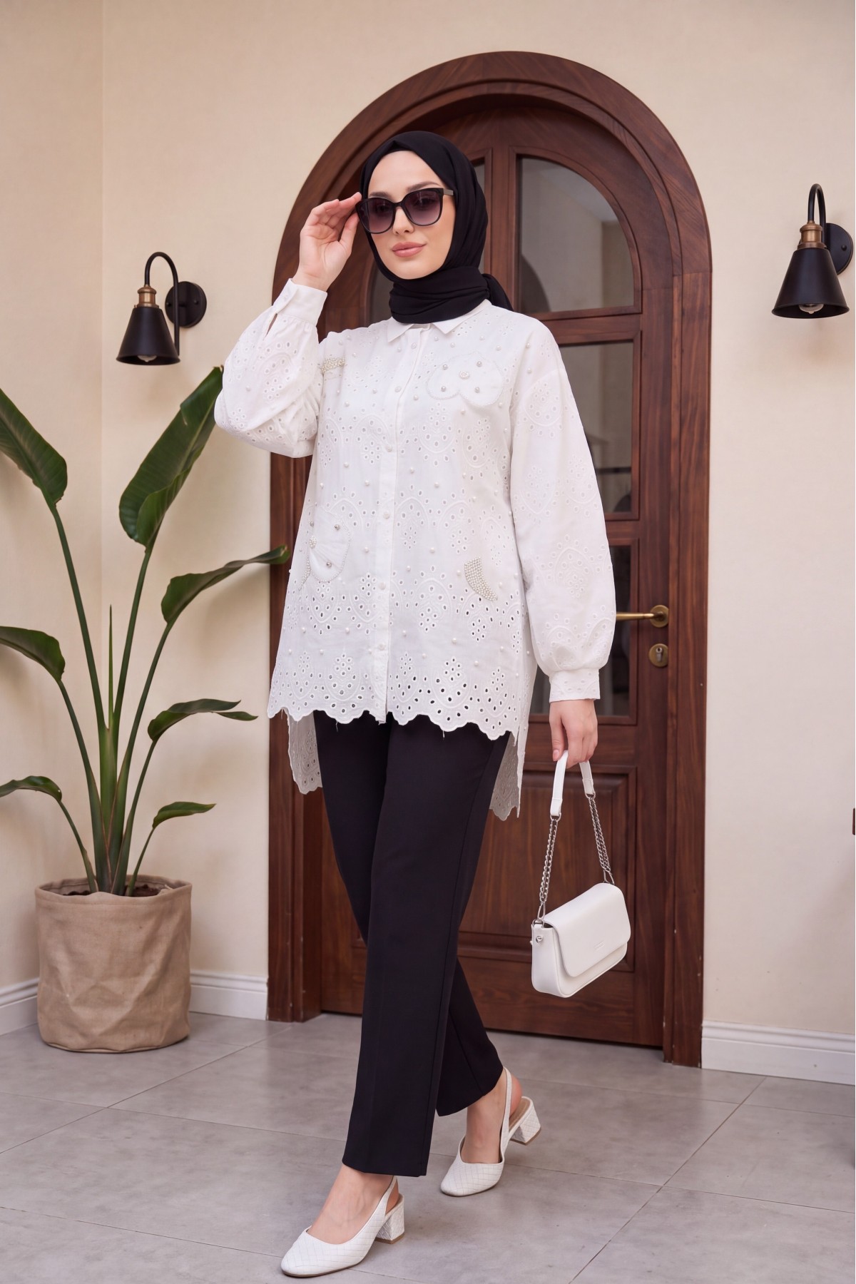 Organza Tulle Detailed, Pearl Buttoned, Long Back Ruffled Tunic -White