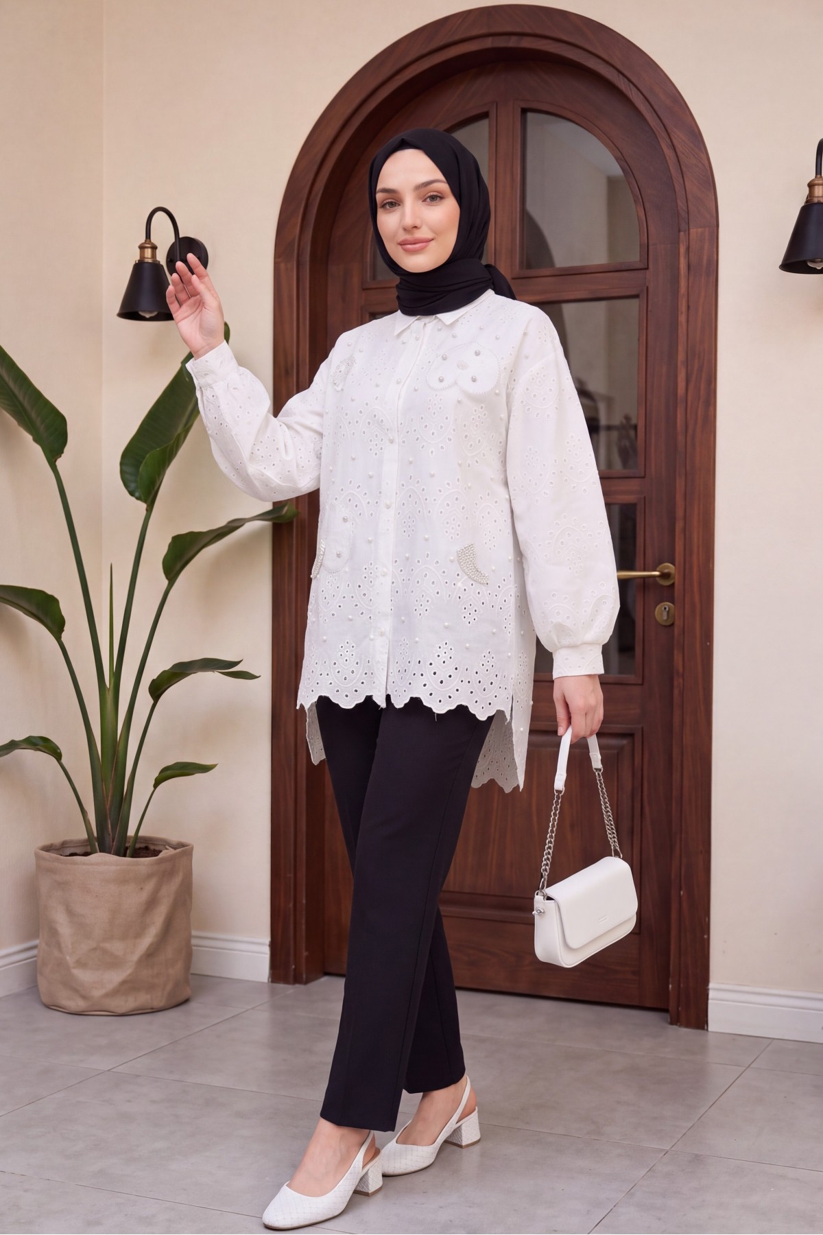 Organza Tulle Detailed, Pearl Buttoned, Long Back Ruffled Tunic -White