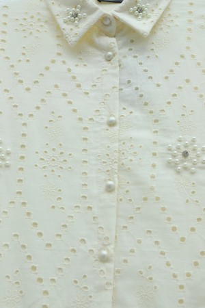 Pearl-Detailed Lined, Ruffled, Long Back Tunic - Beige