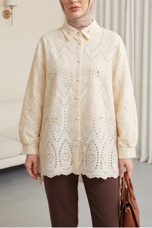 Pearl-Detailed Lined, Ruffled, Long Back Tunic - Beige