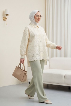 Pearl-Detailed Lined, Ruffled, Long Back Tunic - Beige