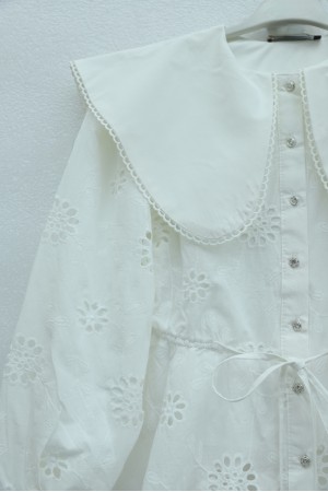 Peter Pan Collar, Elasticated Waist, Drawstring, Embroidered, Lined Linen Set -White
