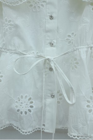 Peter Pan Collar, Elasticated Waist, Drawstring, Embroidered, Lined Linen Set -White