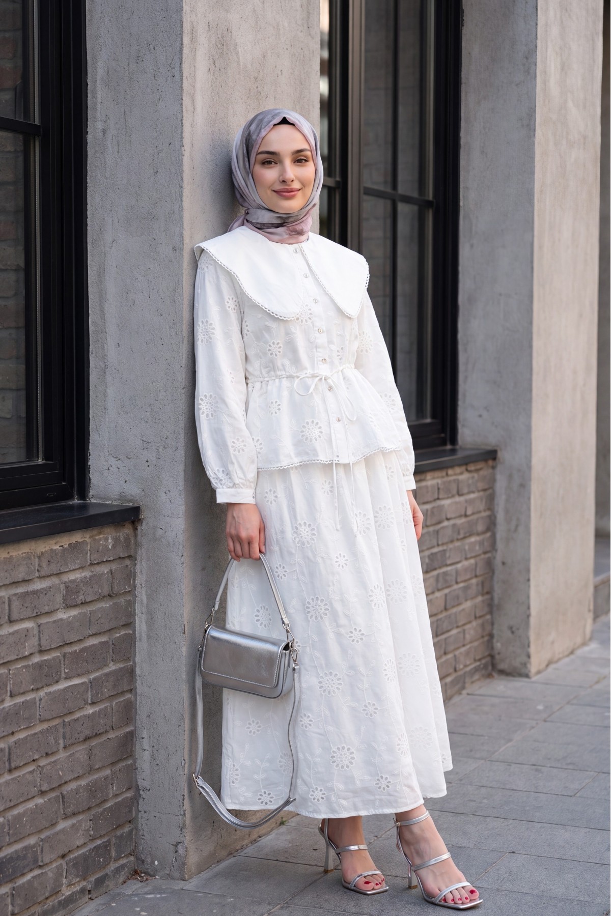 Peter Pan Collar, Elasticated Waist, Drawstring, Embroidered, Lined Linen Set -White
