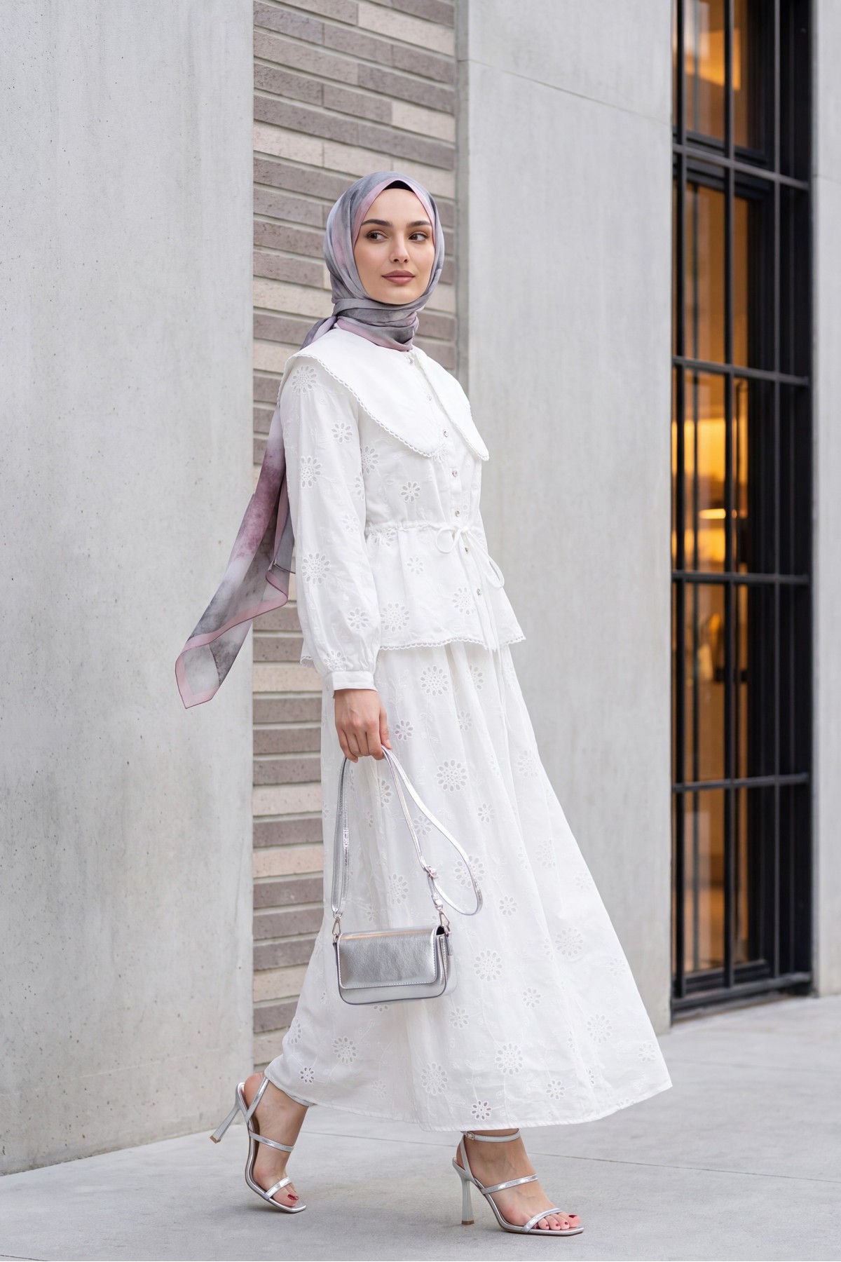 Peter Pan Collar, Elasticated Waist, Drawstring, Embroidered, Lined Linen Set -White