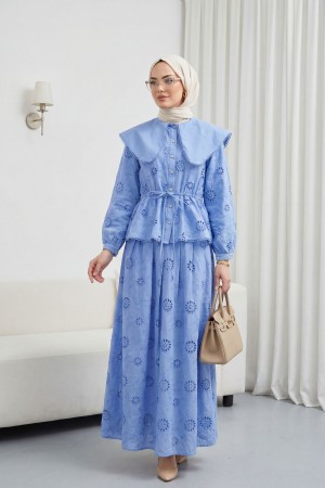 Bebe Yaka Beli Lastikli Bağcıklı Nakışlı Astarlı Keten Takım  -Mavi