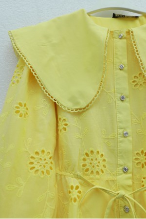 Peter Pan Collar, Elasticated Waist, Drawstring, Embroidered, Lined Linen Set -Yellow