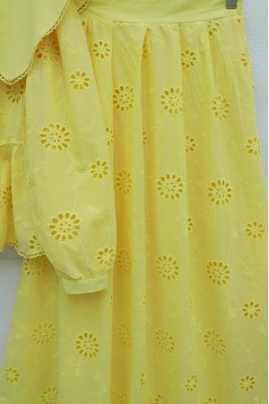 Peter Pan Collar, Elasticated Waist, Drawstring, Embroidered, Lined Linen Set -Yellow