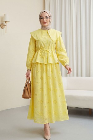Peter Pan Collar, Elasticated Waist, Drawstring, Embroidered, Lined Linen Set -Yellow