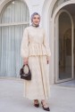 Linen Suit with Elasticated Sleeves, Belt, Lining, Pearl Buttons and Ruffles - Beige