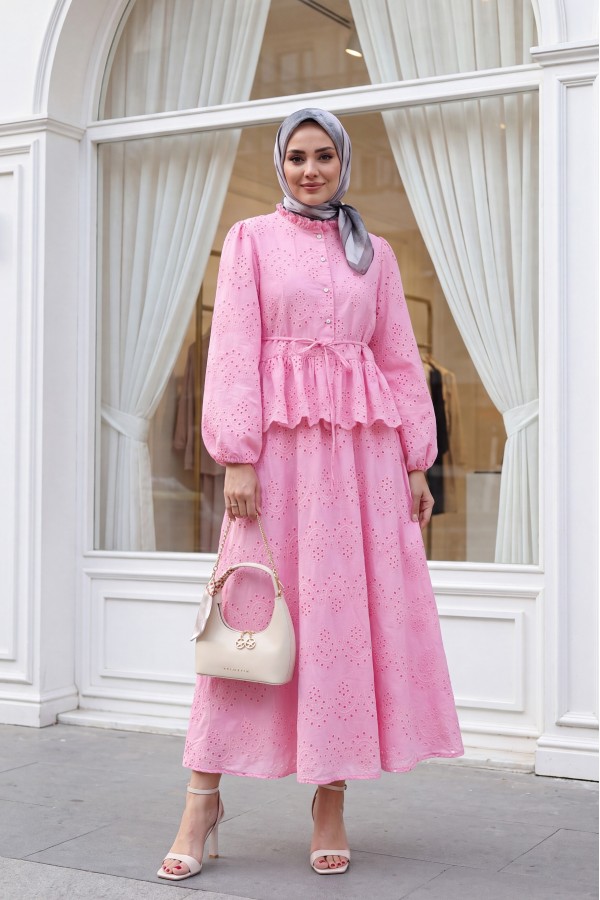 Linen Suit with Elasticated Sleeves, Belt, Lining, Pearl Buttons and Ruffles -Pink
