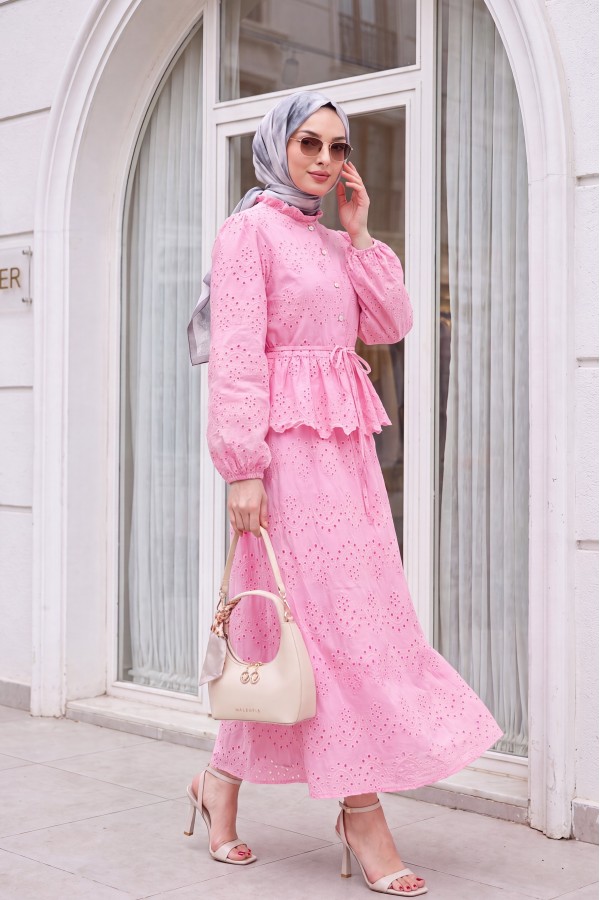 Linen Suit with Elasticated Sleeves, Belt, Lining, Pearl Buttons and Ruffles -Pink