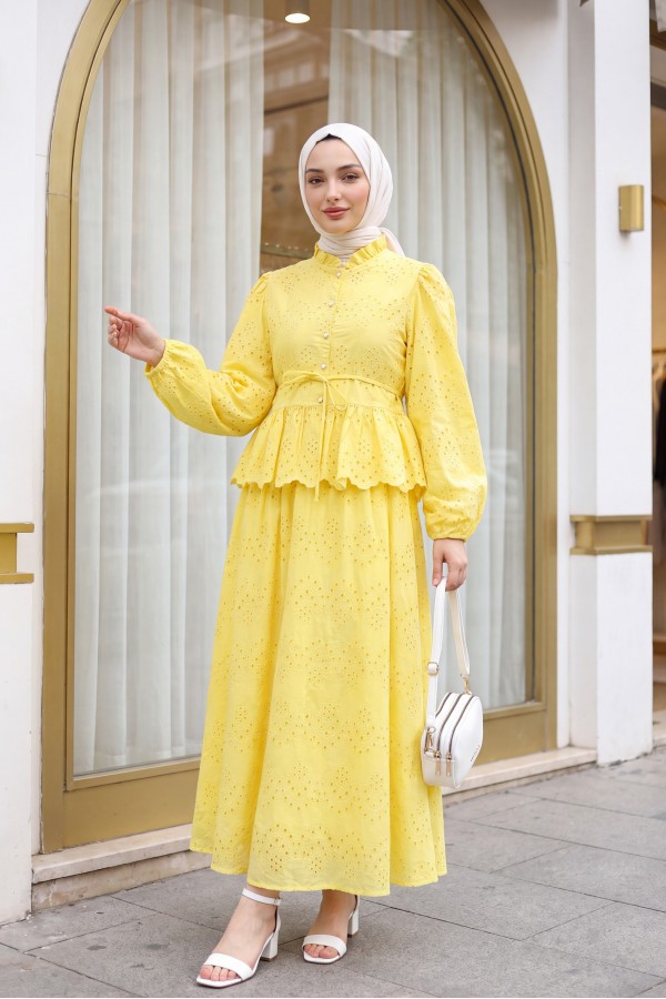 Linen Suit with Elasticated Sleeves, Belt, Lining, Pearl Buttons and Ruffles -Yellow