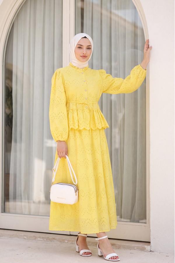 Linen Suit with Elasticated Sleeves, Belt, Lining, Pearl Buttons and Ruffles -Yellow