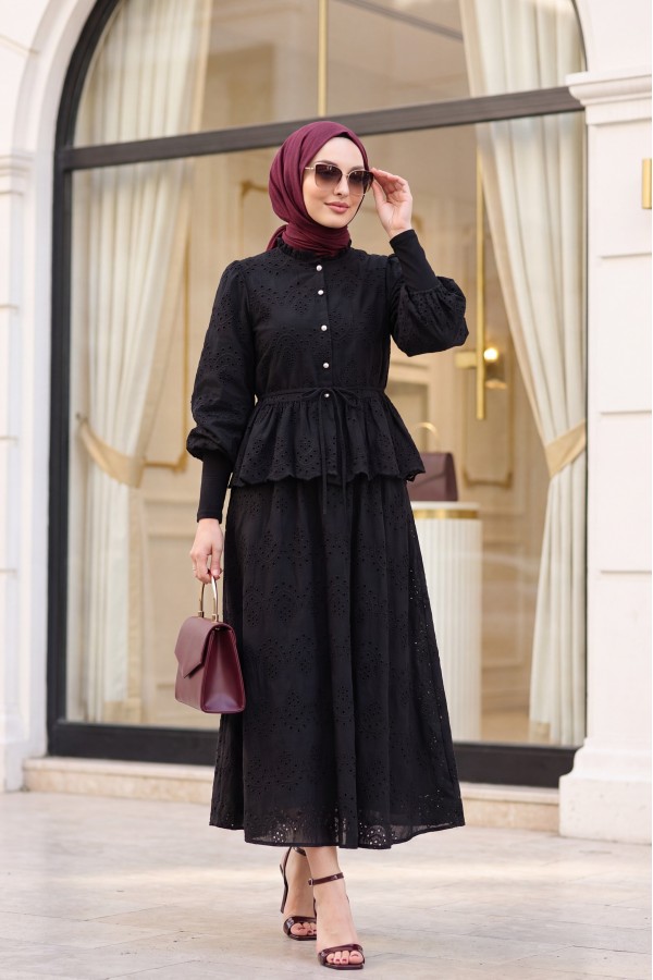 Linen Suit with Elasticated Sleeves, Belt, Lining, Pearl Buttons and Ruffles -Black