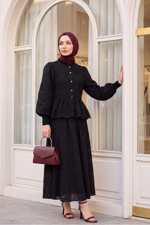 Linen Suit with Elasticated Sleeves, Belt, Lining, Pearl Buttons and Ruffles -Black