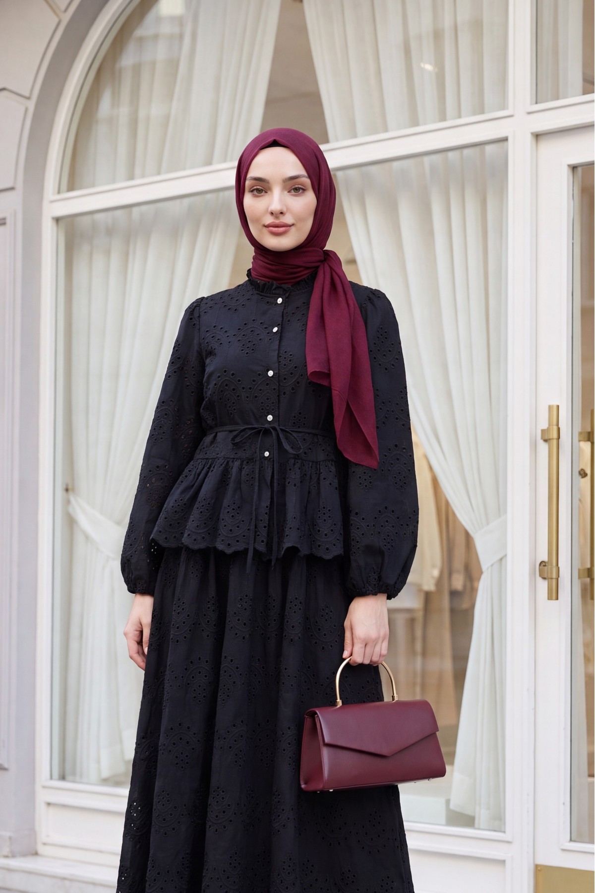 Linen Suit with Elasticated Sleeves, Belt, Lining, Pearl Buttons and Ruffles -Black