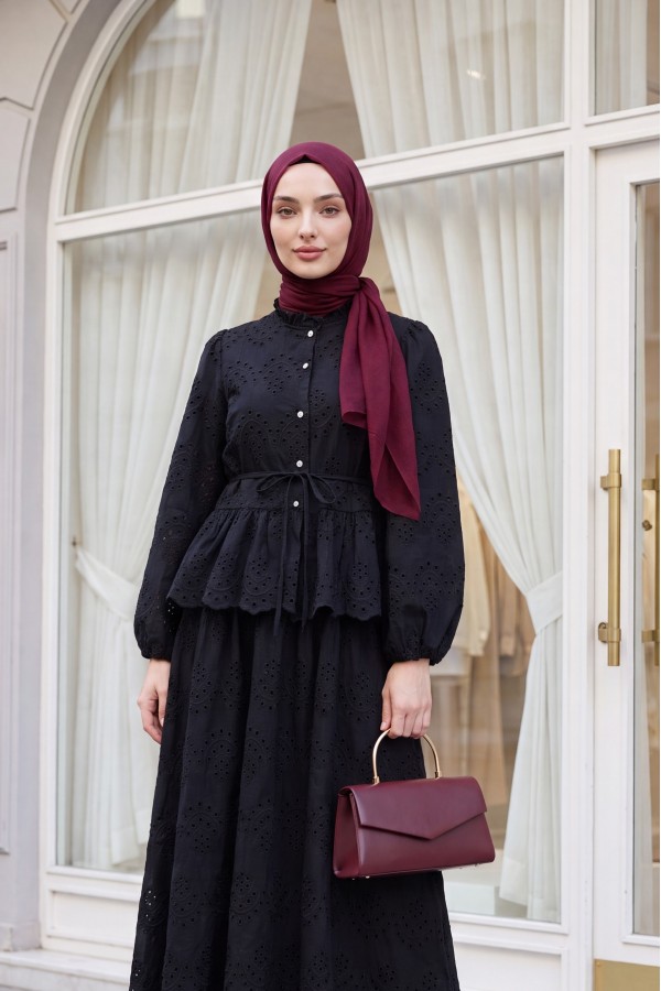 Linen Suit with Elasticated Sleeves, Belt, Lining, Pearl Buttons and Ruffles -Black