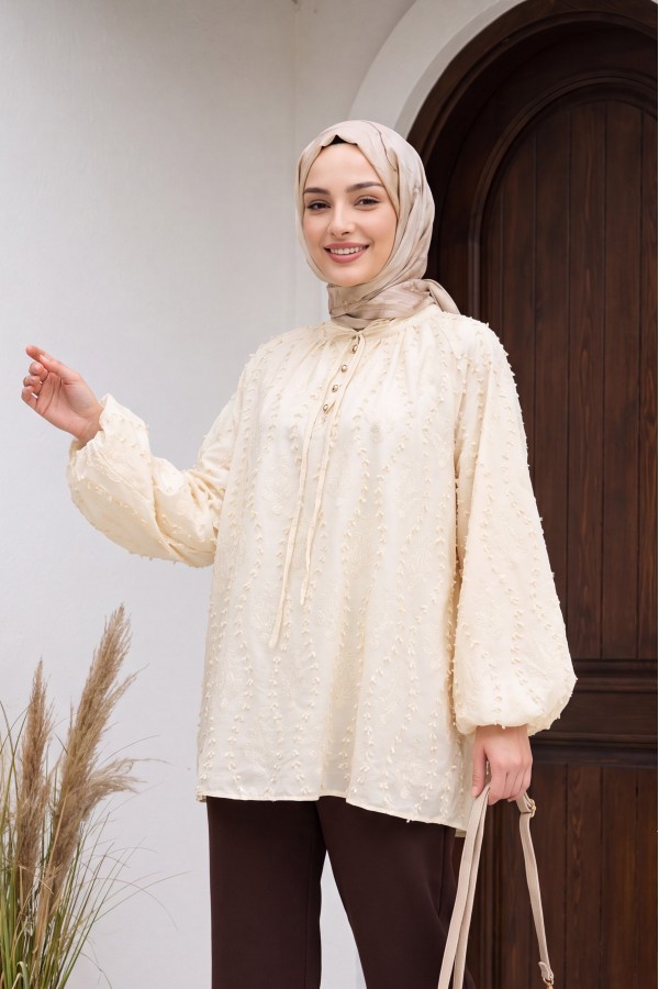Yakası Bağcıklı Düğmeli Astarlı Nakışlı Oversize Keten Tunik -Sarı