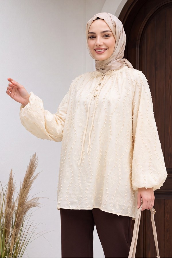 Oversize Linen Tunic with Lace-Up Neckline, Button Closure, Lined, and Embroidered. -Yellow