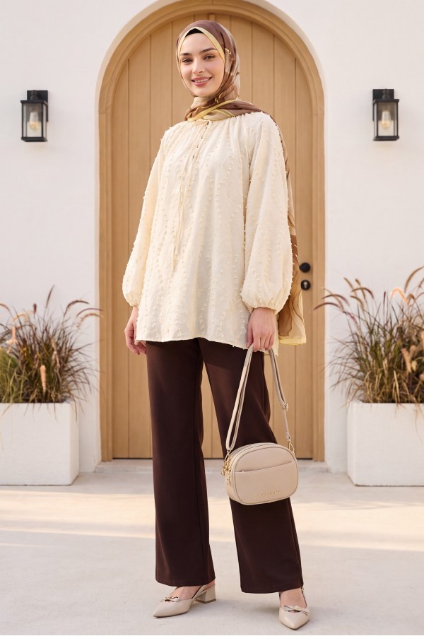 Oversize Linen Tunic with Lace-Up Neckline, Button Closure, Lined, and Embroidered. -Yellow
