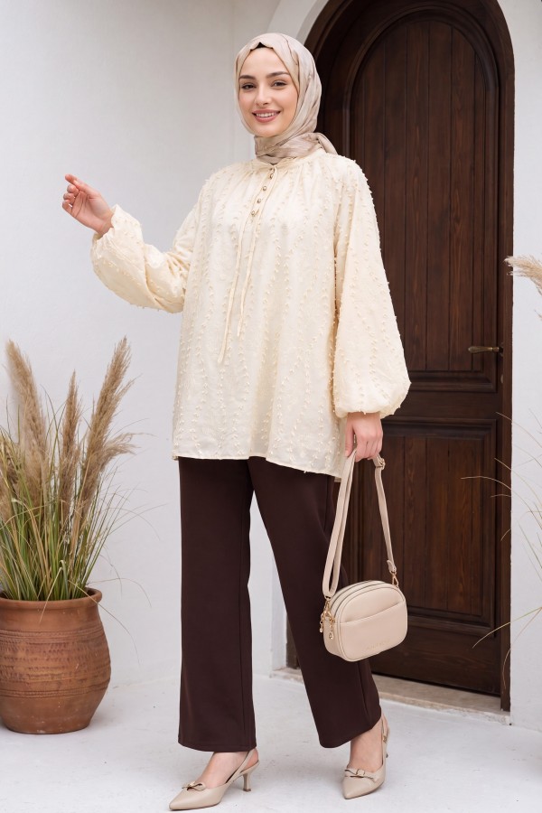Oversize Linen Tunic with Lace-Up Neckline, Button Closure, Lined, and Embroidered. -Yellow