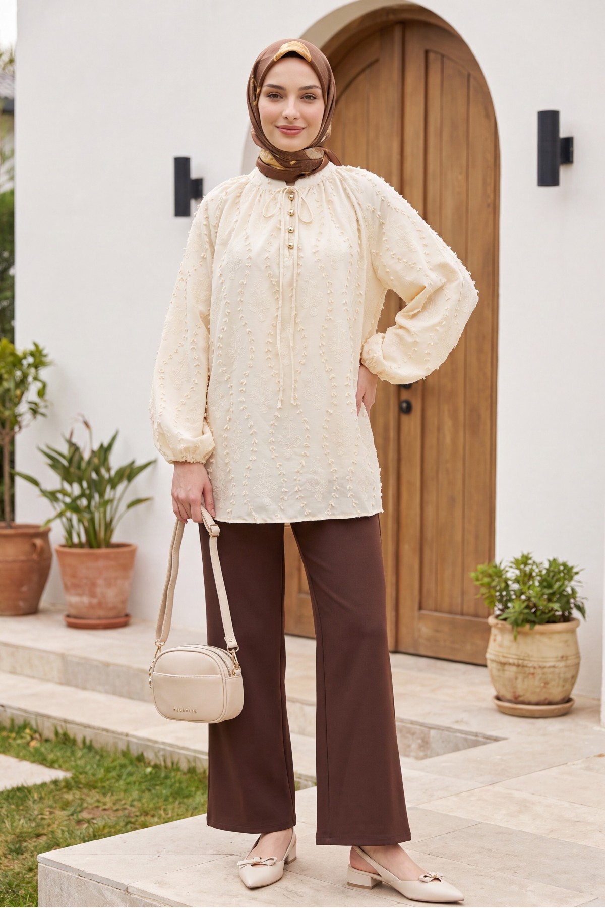 Yakası Bağcıklı Düğmeli Astarlı Nakışlı Oversize Keten Tunik -Sarı