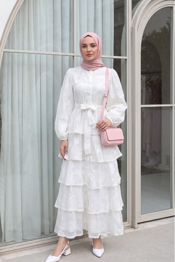 Belted, Lined, Layered, Embroidered, Full-Length Buttoned Chiffon Dress -White