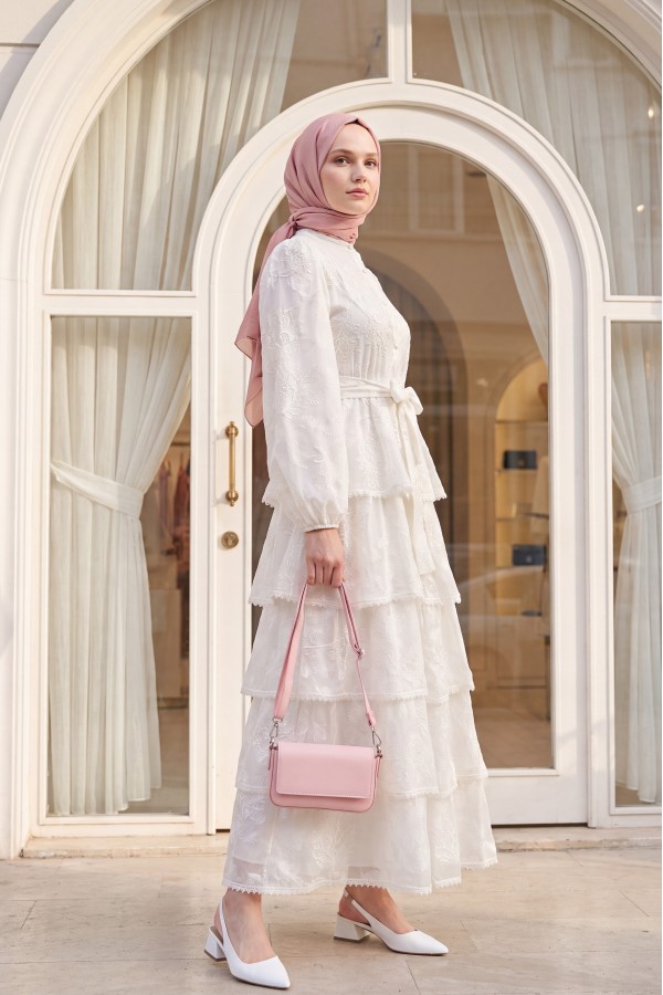 Belted, Lined, Layered, Embroidered, Full-Length Buttoned Chiffon Dress -White