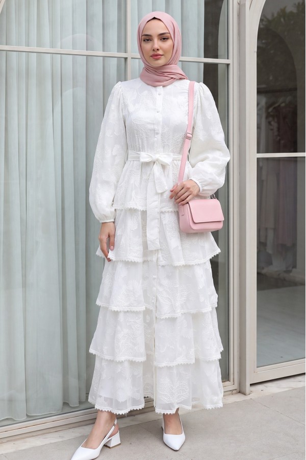 Belted, Lined, Layered, Embroidered, Full-Length Buttoned Chiffon Dress -White