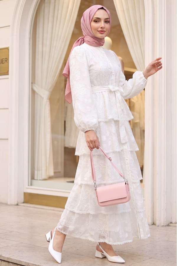 Belted, Lined, Layered, Embroidered, Full-Length Buttoned Chiffon Dress -White