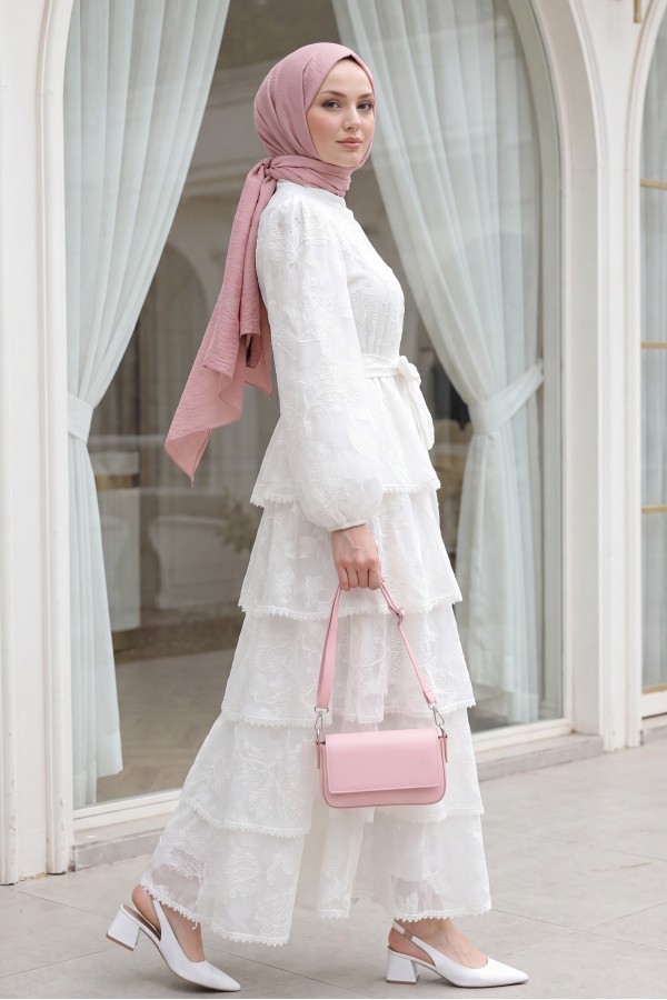 Belted, Lined, Layered, Embroidered, Full-Length Buttoned Chiffon Dress -White