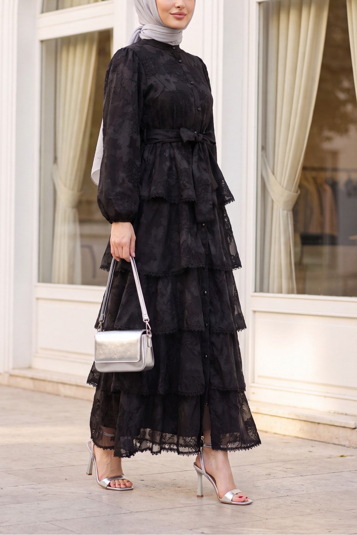 Belted, Lined, Layered, Embroidered, Full-Length Buttoned Chiffon Dress -Black