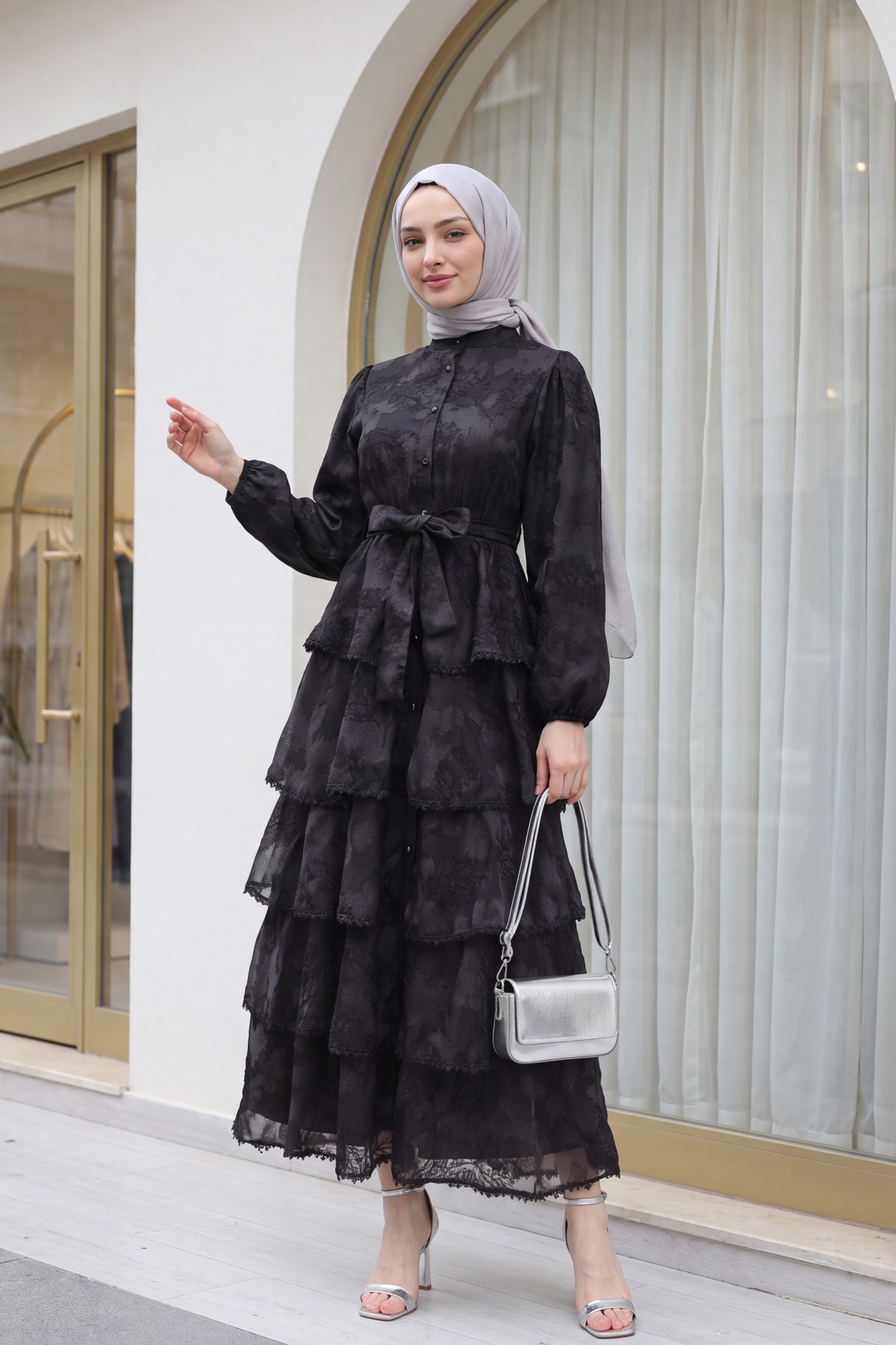 Belted, Lined, Layered, Embroidered, Full-Length Buttoned Chiffon Dress -Black