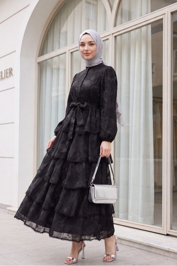 Belted, Lined, Layered, Embroidered, Full-Length Buttoned Chiffon Dress -Black