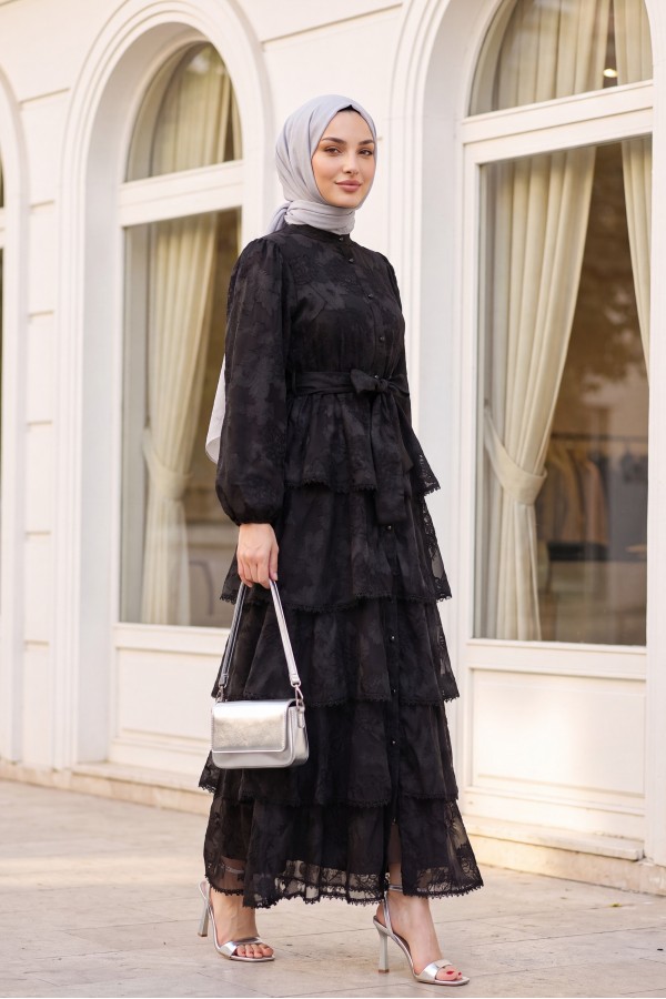 Belted, Lined, Layered, Embroidered, Full-Length Buttoned Chiffon Dress -Black