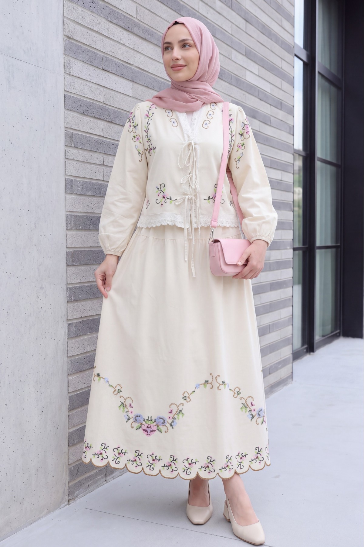 Embroidered Linen Kimono Set with Frilled Skirt and Elasticated Sleeves - Beige