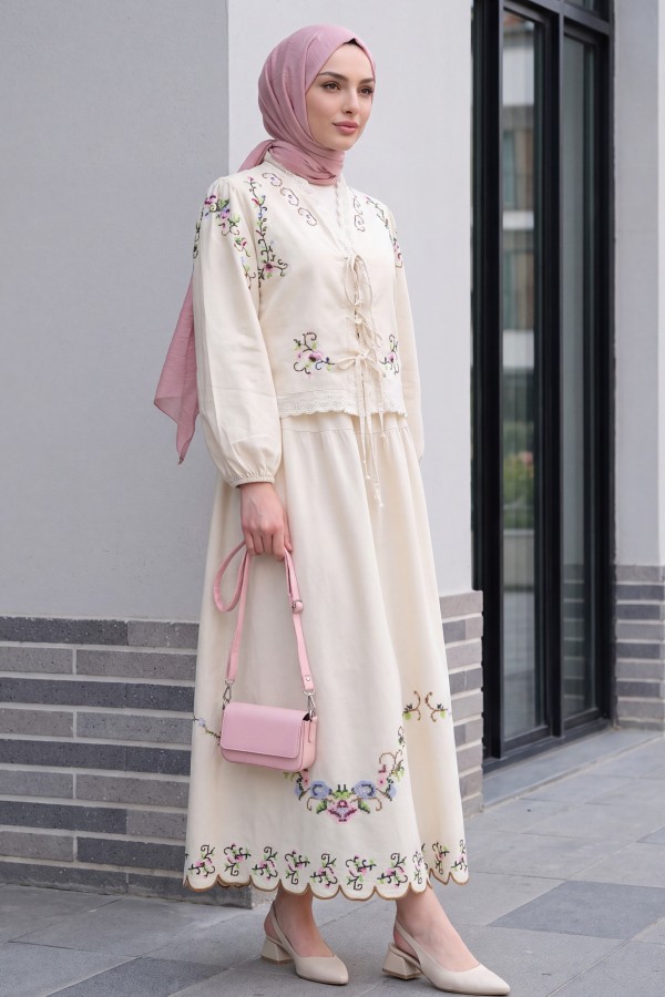 Embroidered Linen Kimono Set with Frilled Skirt and Elasticated Sleeves - Beige