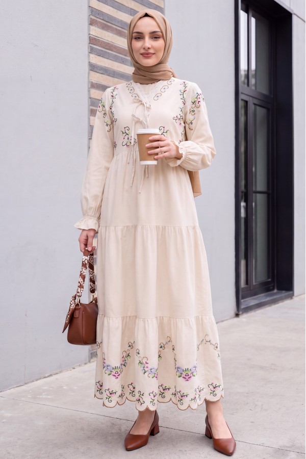 V-Neck, Ruffled, Embroidered, Elasticated Sleeve, Lined Linen Dress - Beige
