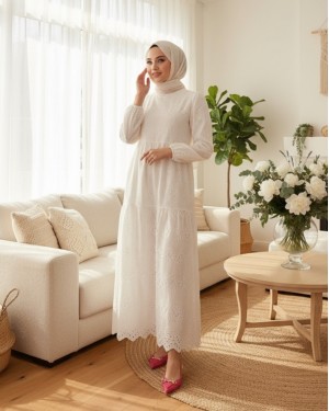 Elastic Sleeves Piece Dress -White