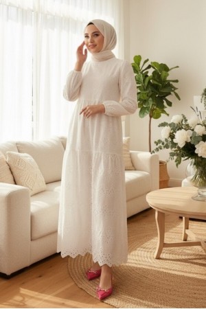 Elastic Sleeves Piece Dress -White