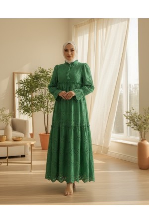 Bağcık Detaylı Astarlı Kat Kat Ajurlu Elbise -Yeşil