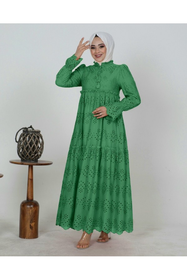 Lace Detailed Lined Layered Openwork Dress -Green