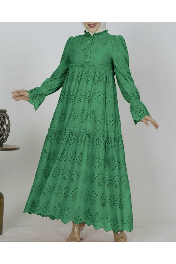 Lace Detailed Lined Layered Openwork Dress -Green