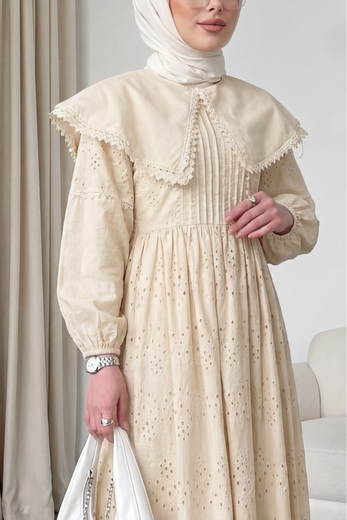 Cape Collar Lace Detail Dress - Beige