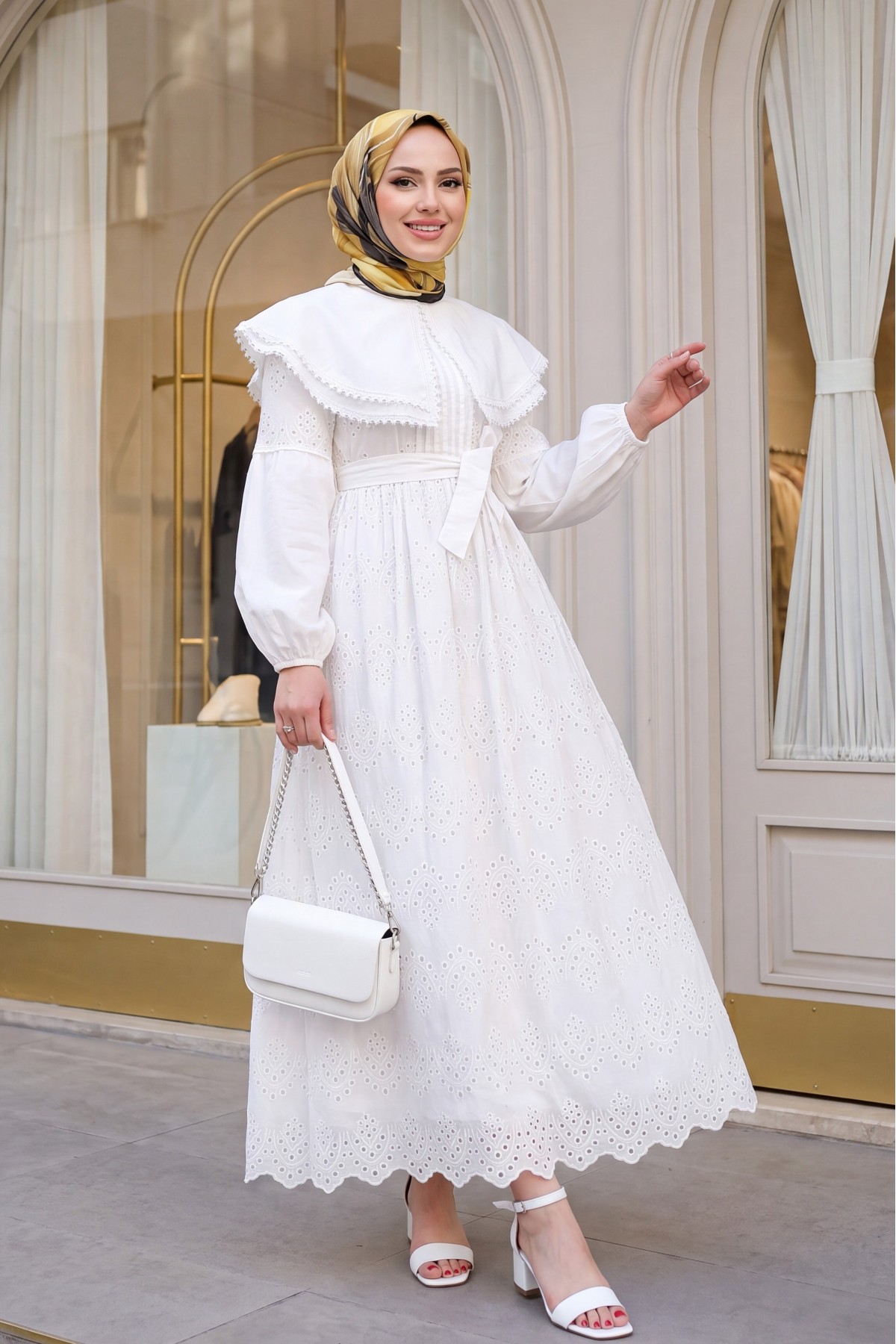 Cape Collar Lace Detail Dress -White