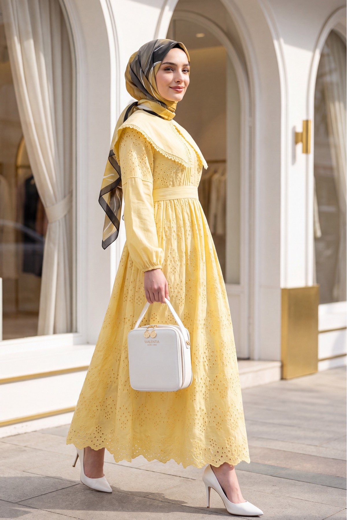 Cape Collar Lace Detail Dress -Yellow